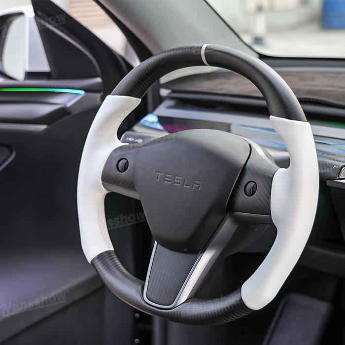 Tesla Model Y/3 Real Carbon Fiber Round Steering Wheel White Nappa Leather Handgrip|Hansshow