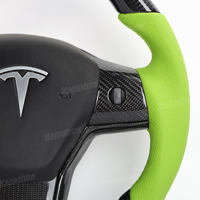 Tesla Model Y/3 Real Carbon Fiber+Perforated Leather Round Steering Wheel In Green|Hansshow