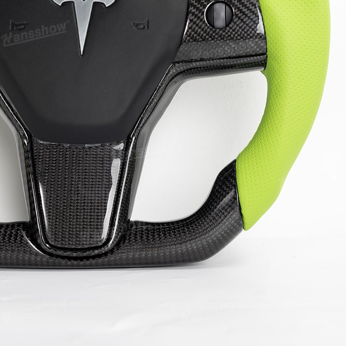 Tesla Model Y/3 Real Carbon Fiber+Perforated Leather Round Steering Wheel In Green|Hansshow