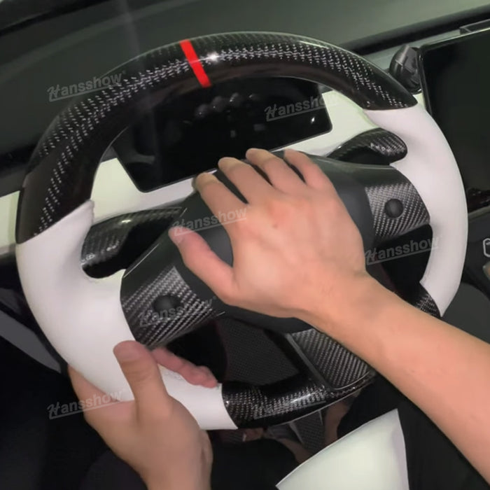 Tesla Model Y/3 Real Carbon Fiber Round Steering Wheel White Nappa Leather Handgrip|Hansshow