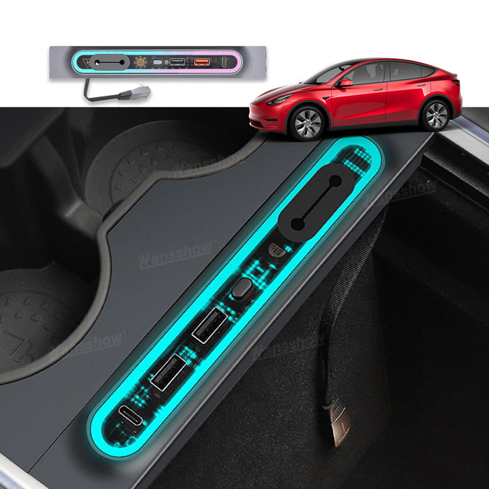 Station d'accueil USB RVB pour Tesla Model Y/3, adaptateur de console centrale avec câble de charge rapide multi-ports | Hansshow