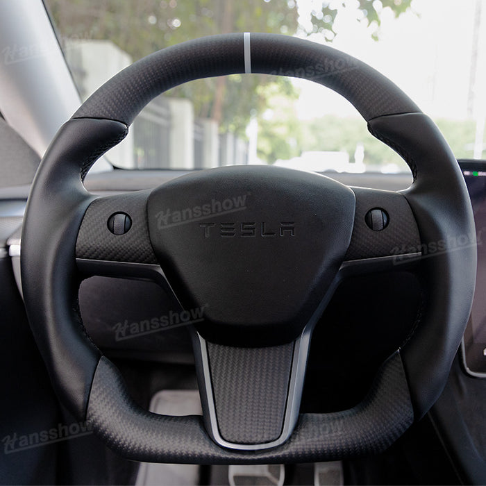 Tesla Model Y/3 Real Carbon Fiber Steering Wheel With Nappa Leather Grip-Heating Function|Hansshow