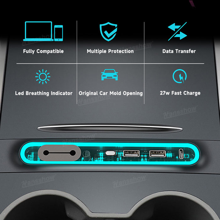 Station d'accueil USB RVB pour Tesla Model Y/3, adaptateur de console centrale avec câble de charge rapide multi-ports | Hansshow