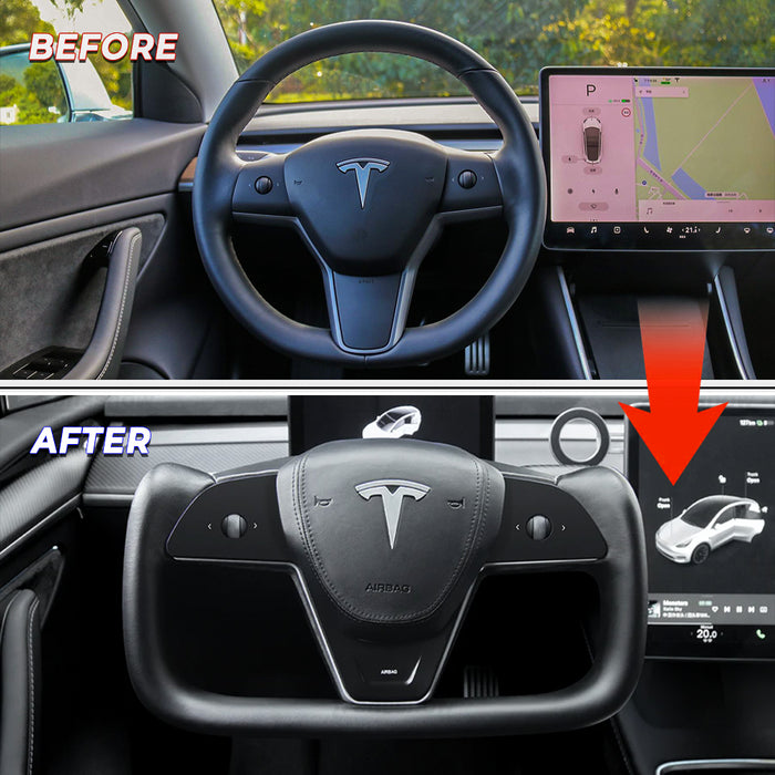 Hansshow Model 3/Y Nappa Black Leather Yoke Steering Wheel For Tesla (Inspired by Model X/S Yoke)