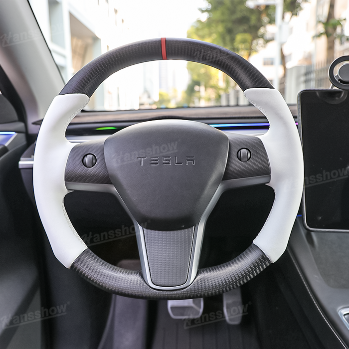 Tesla Model Y/3 Real Carbon Fiber Round Steering Wheel White Nappa Leather Handgrip|Hansshow