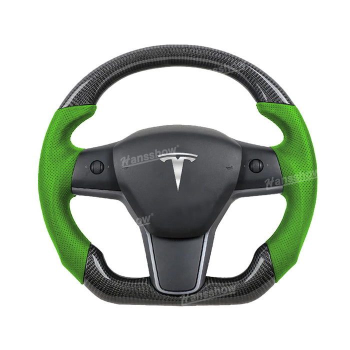 Tesla Model Y/3 Real Carbon Fiber+Perforated Leather Round Steering Wheel In Green|Hansshow