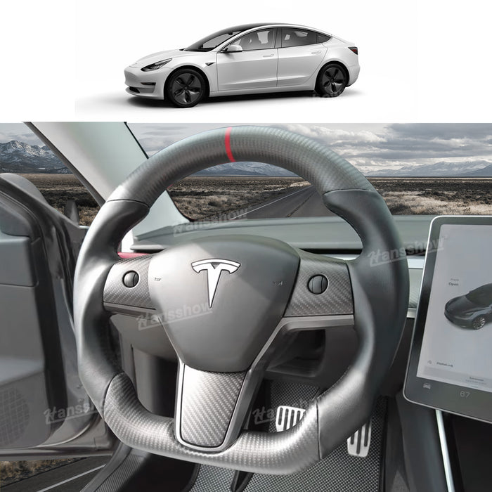 Tesla Model Y/3 Real Carbon Fiber Steering Wheel With Nappa Leather Grip-Heating Function|Hansshow