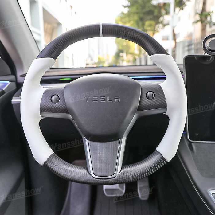 Tesla Model Y/3 Real Carbon Fiber Round Steering Wheel White Nappa Leather Handgrip|Hansshow