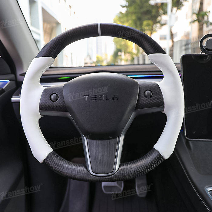 Tesla Model Y/3 Real Carbon Fiber Round Steering Wheel White Nappa Leather Handgrip|Hansshow