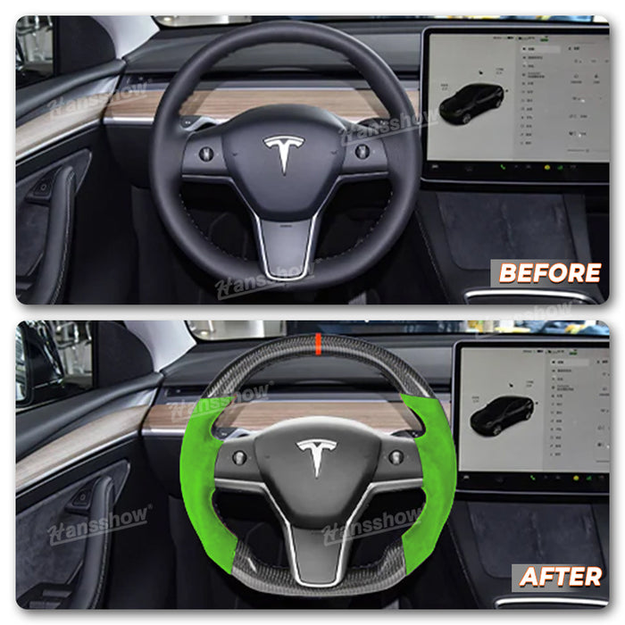 Tesla Model Y/3 Volante redondo de fibra de carbono real + cuero perforado en verde | Hansshow