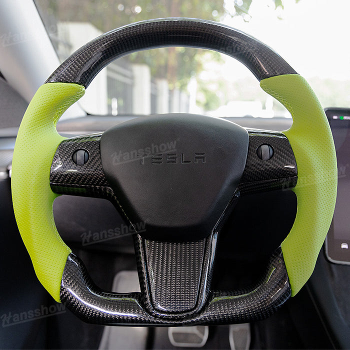 Tesla Model Y/3 Real Carbon Fiber+Perforated Leather Round Steering Wheel In Green|Hansshow