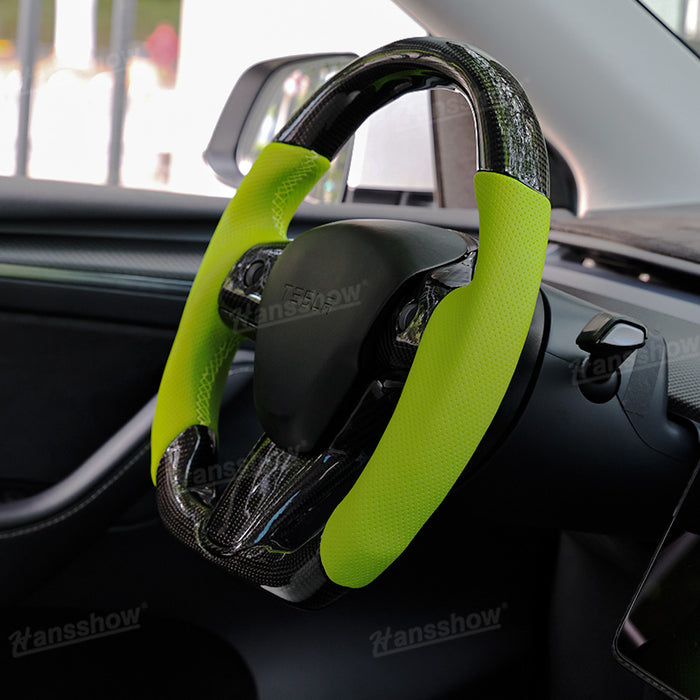 Tesla Model Y/3 Real Carbon Fiber+Perforated Leather Round Steering Wheel In Green|Hansshow