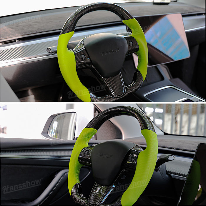 Tesla Model Y/3 Real Carbon Fiber+Perforated Leather Round Steering Wheel In Green|Hansshow