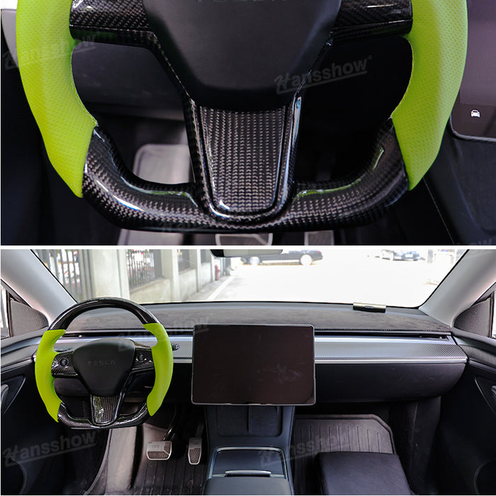 Tesla Model Y/3 Real Carbon Fiber+Perforated Leather Round Steering Wheel In Green|Hansshow