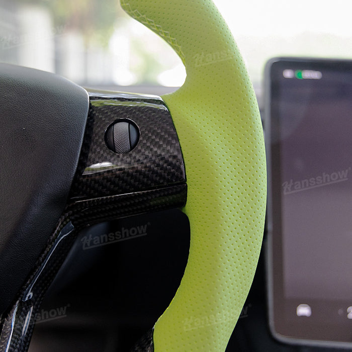 Tesla Model Y/3 Real Carbon Fiber+Perforated Leather Round Steering Wheel In Green|Hansshow