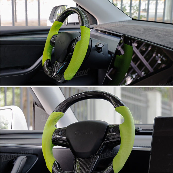 Tesla Model Y/3 Real Carbon Fiber+Perforated Leather Round Steering Wheel In Green|Hansshow