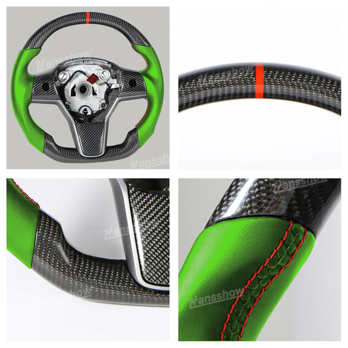 Tesla Model Y/3 Real Carbon Fiber+Perforated Leather Round Steering Wheel In Green|Hansshow