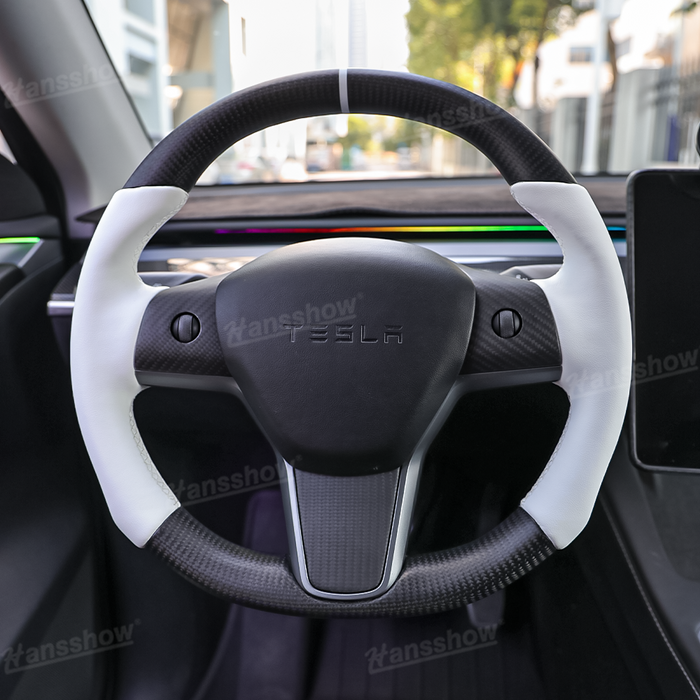 Tesla Model Y/3 Real Carbon Fiber Round Steering Wheel White Nappa Leather Handgrip|Hansshow