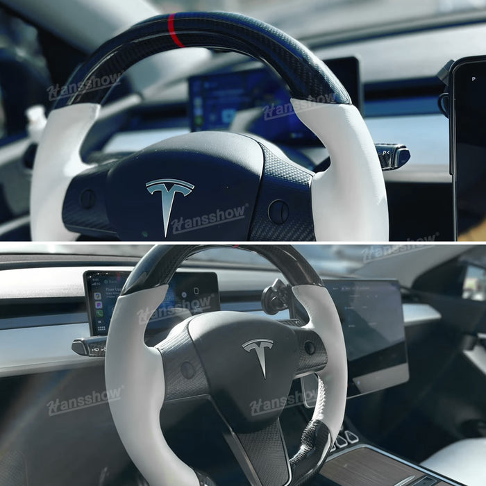 Tesla Model Y/3 Real Carbon Fiber Round Steering Wheel White Nappa Leather Handgrip|Hansshow