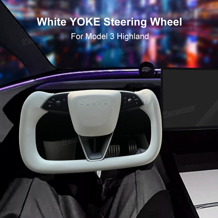 Hansshow Yoke Steering Wheel Nappa Leather White For Tesla Model 3 Highland