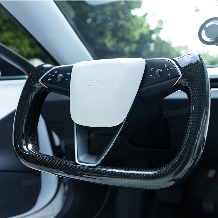 Tesla Model 3 Highland Yoke Steering Wheel with Full Real Carbon Fiber|Hansshow