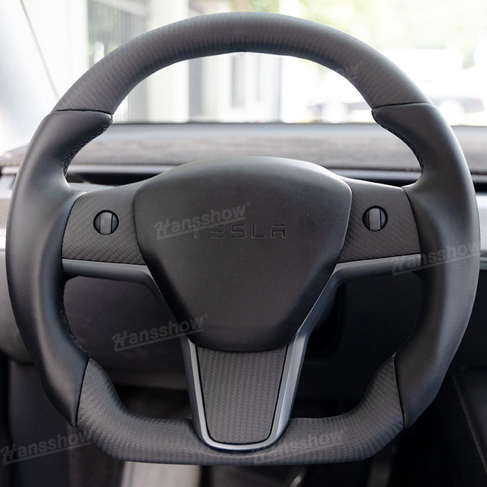 Tesla Model Y/3 Real Carbon Fiber Steering Wheel With Nappa Leather Grip-Heating Function|Hansshow