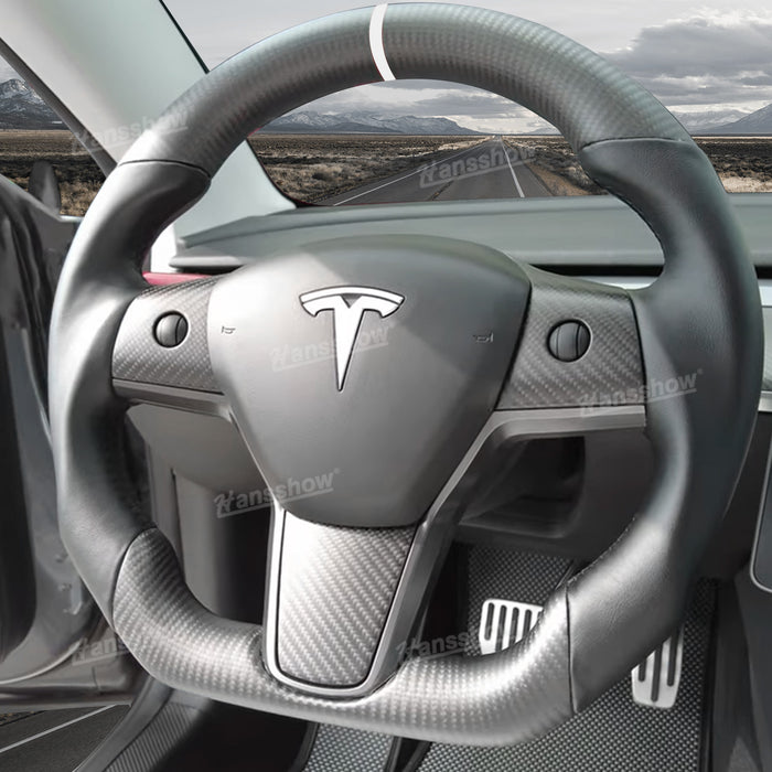 Tesla Model Y/3 Real Carbon Fiber Steering Wheel With Nappa Leather Grip-Heating Function|Hansshow