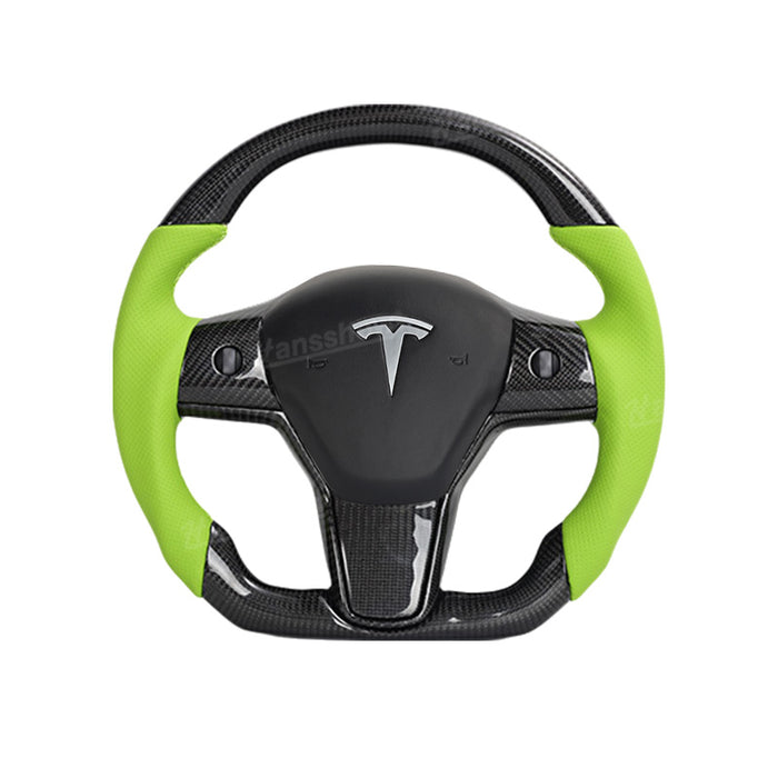 Tesla Model Y/3 Real Carbon Fiber+Perforated Leather Round Steering Wheel In Green|Hansshow