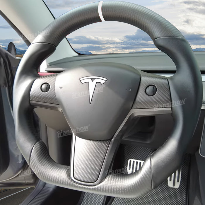 Tesla Model Y/3 Real Carbon Fiber Steering Wheel With Nappa Leather Grip-Heating Function|Hansshow