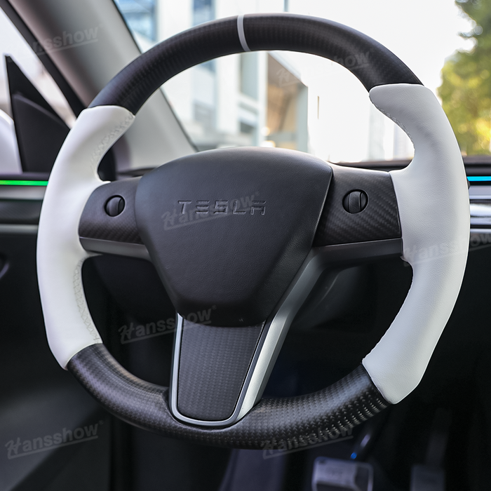 Tesla Model Y/3 Real Carbon Fiber Round Steering Wheel White Nappa Leather Handgrip|Hansshow