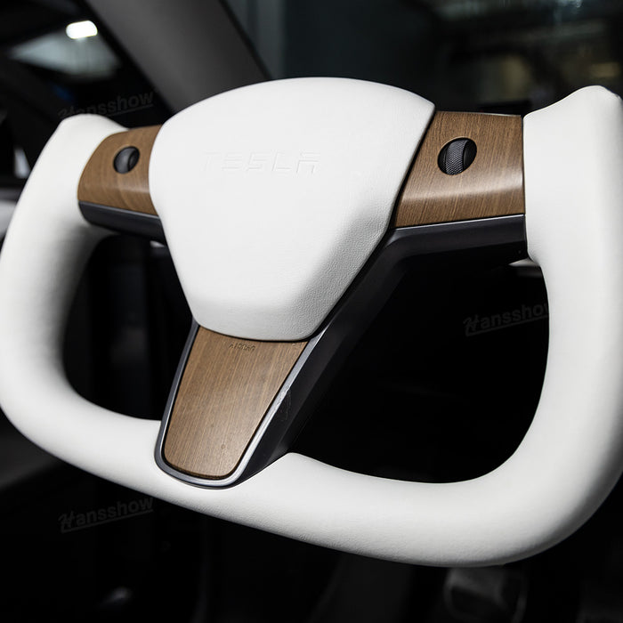 Tesla Model Y/3White Yoke Steering Wheel In Wood Grain With Nappa|Hansshow