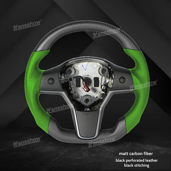 Tesla Model Y/3 Real Carbon Fiber+Perforated Leather Round Steering Wheel In Green|Hansshow