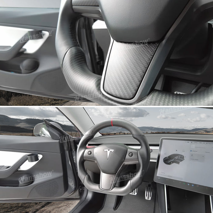 Tesla Model Y/3 Real Carbon Fiber Steering Wheel With Nappa Leather Grip-Heating Function|Hansshow