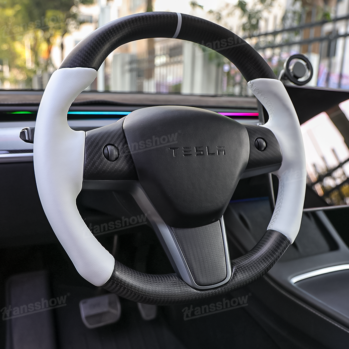 Tesla Model Y/3 Real Carbon Fiber Round Steering Wheel White Nappa Leather Handgrip|Hansshow