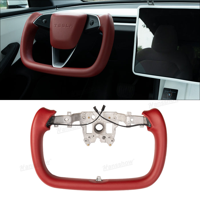 Tesla Model 3 Highland Yoke Steering Wheel with Full Red Nappa Leather|Hansshow