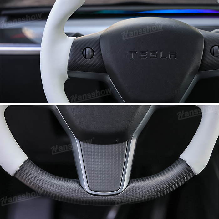 Tesla Model Y/3 Real Carbon Fiber Round Steering Wheel White Nappa Leather Handgrip|Hansshow