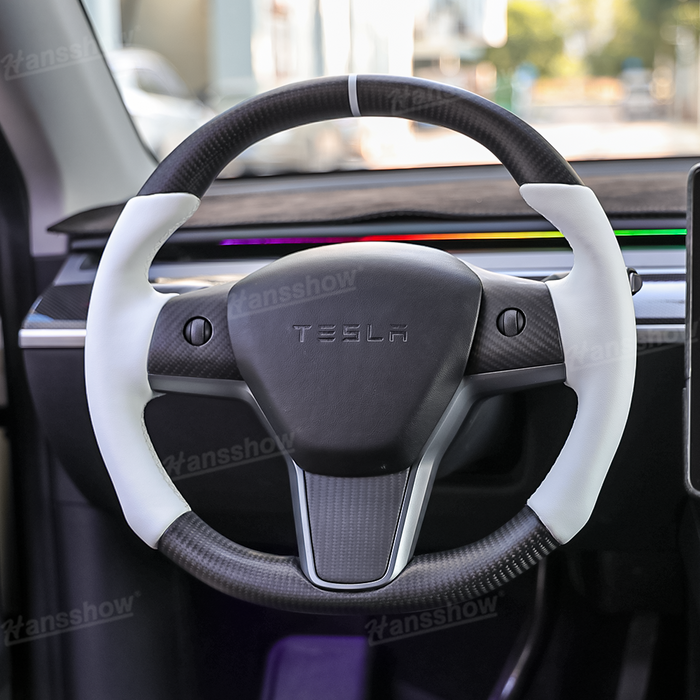 Tesla Model Y/3 Real Carbon Fiber Round Steering Wheel White Nappa Leather Handgrip|Hansshow