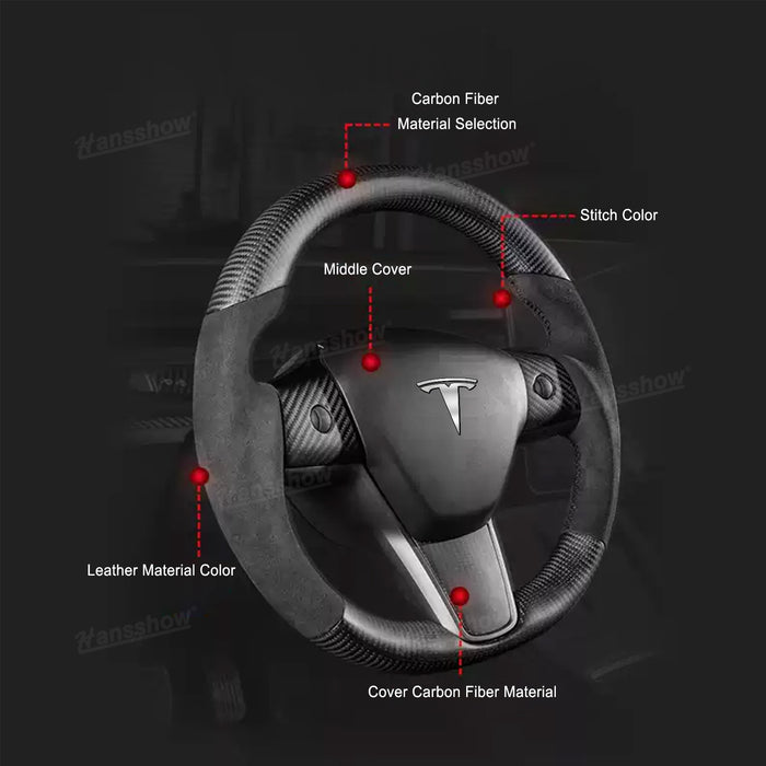 Tesla Modelo Y/3 Volante redondo de fibra de carbono real calefactado estilo F1 | Hansshow