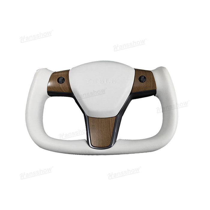 Tesla Model Y/3White Yoke Steering Wheel In Wood Grain With Nappa|Hansshow