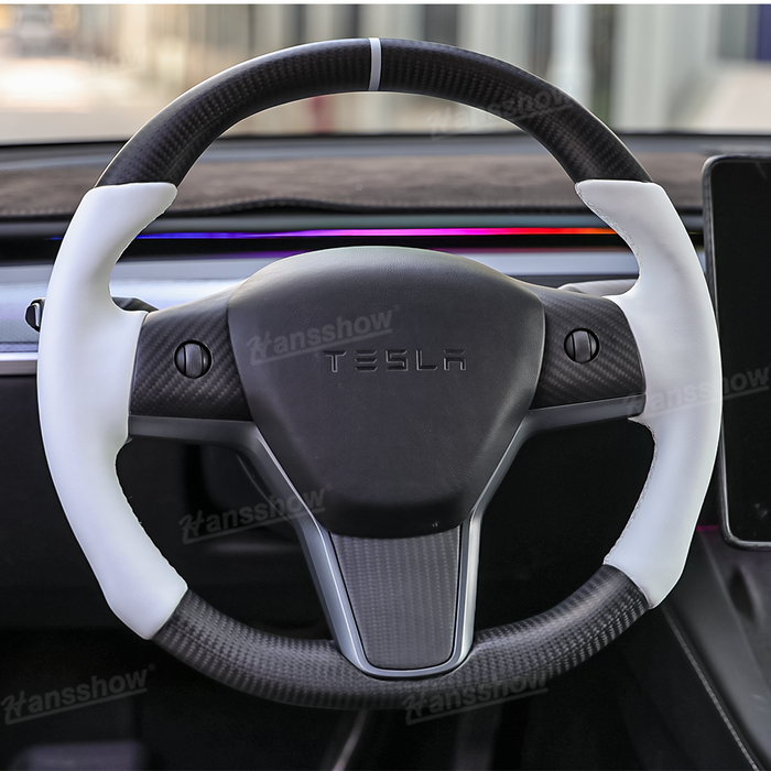 Tesla Model Y/3 Real Carbon Fiber Round Steering Wheel White Nappa Leather Handgrip|Hansshow