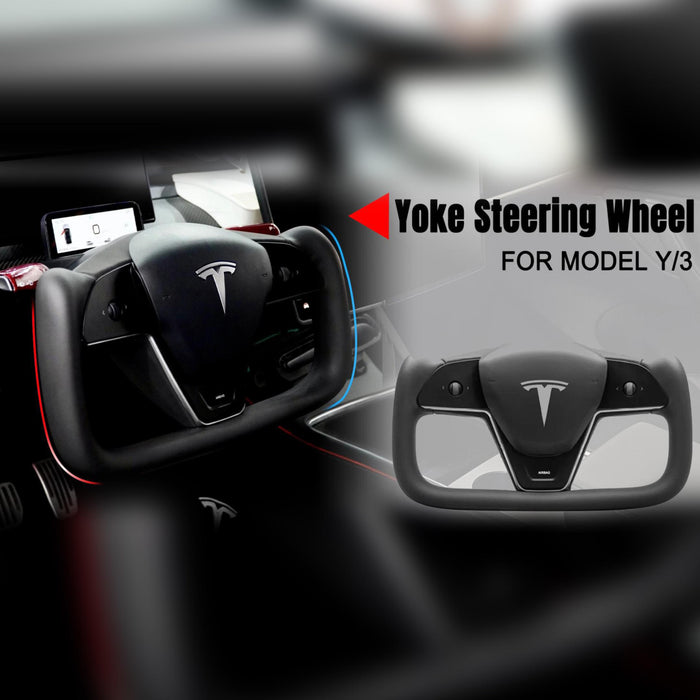 Hansshow Model 3/Y Nappa Black Leather Yoke Steering Wheel For Tesla (Inspired by Model X/S Yoke)