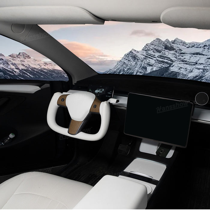 Tesla Model Y/3White Yoke Steering Wheel In Wood Grain With Nappa|Hansshow