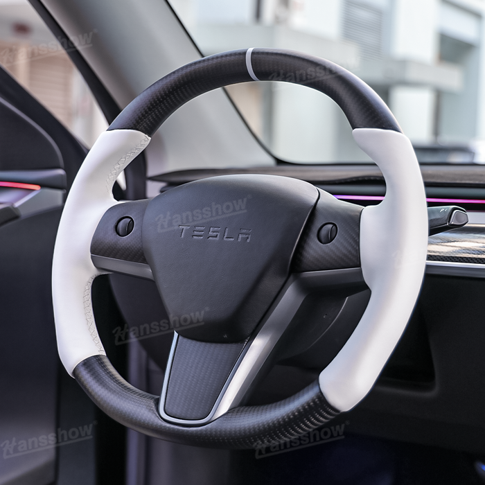 Tesla Model Y/3 Real Carbon Fiber Round Steering Wheel White Nappa Leather Handgrip|Hansshow