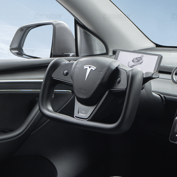 Hansshow Model 3/Y Nappa Black Leather Yoke Steering Wheel For Tesla (Inspired by Model X/S Yoke)