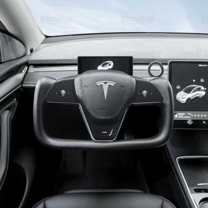 Hansshow Model 3/Y Nappa Black Leather Yoke Steering Wheel For Tesla (Inspired by Model X/S Yoke)