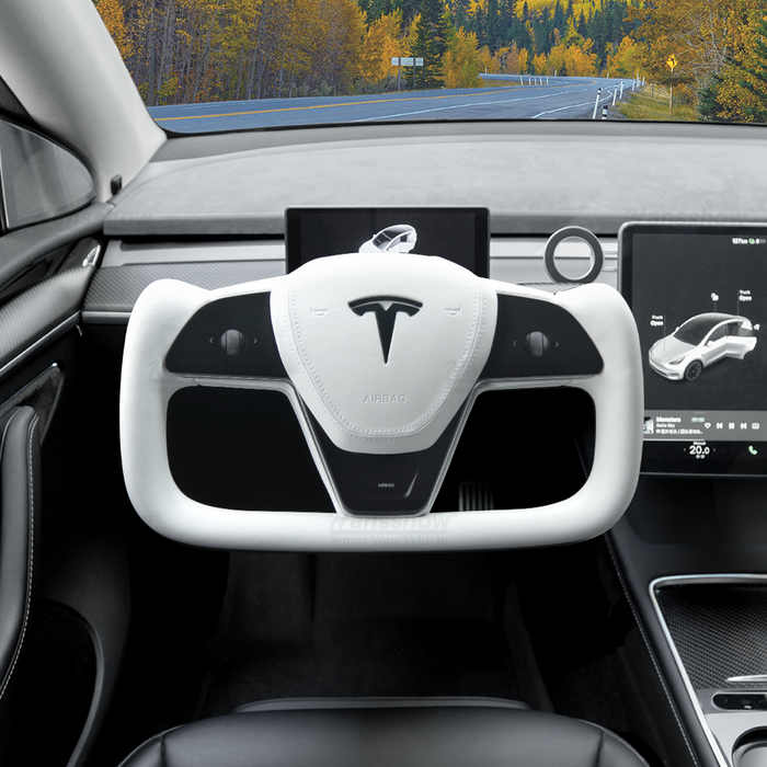 Volant Tesla Model 3/Y Yoke (inspiré du Model X/S Yoke) - Cuir Nappa Blanc