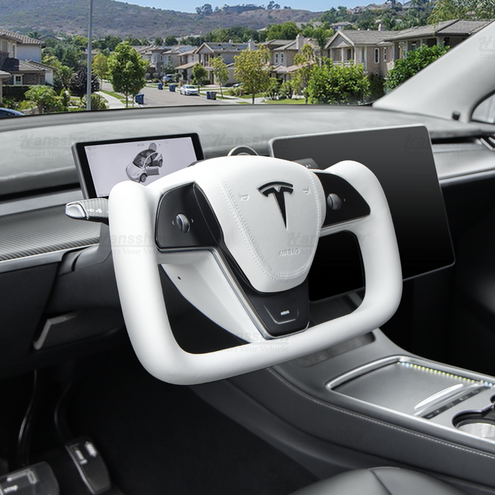 Volant Tesla Model 3/Y Yoke (inspiré du Model X/S Yoke) - Cuir Nappa Blanc