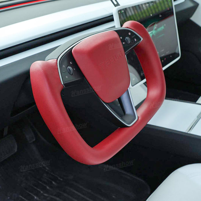 Tesla Model 3 Highland Yoke Steering Wheel with Full Red Nappa Leather|Hansshow