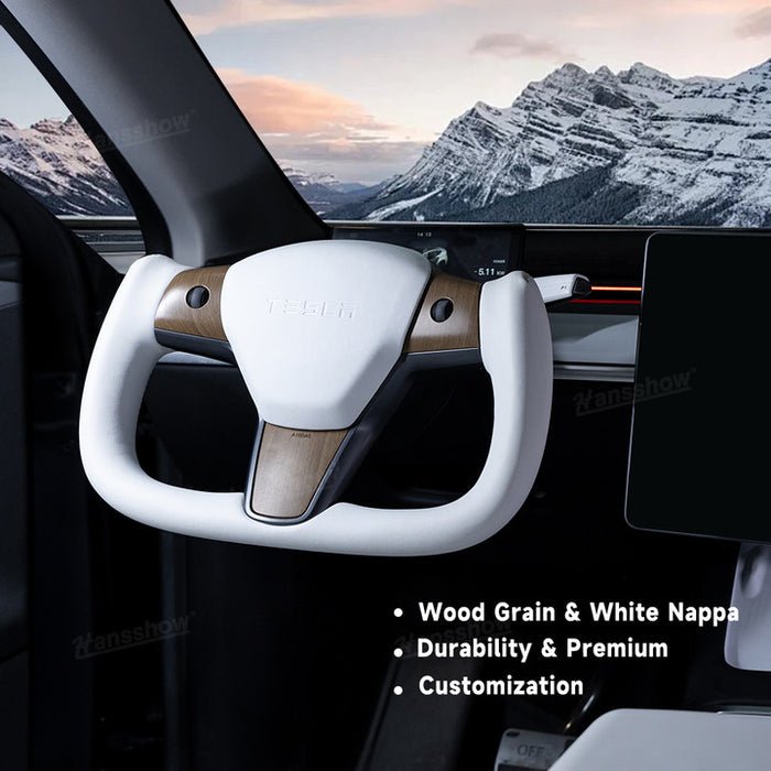 Tesla Model Y/3White Yoke Steering Wheel In Wood Grain With Nappa|Hansshow