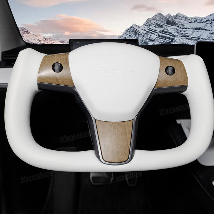 Volant de direction à empiècement blanc en similibois avec revêtement Nappa pour Tesla Model Y/3 | Hansshow